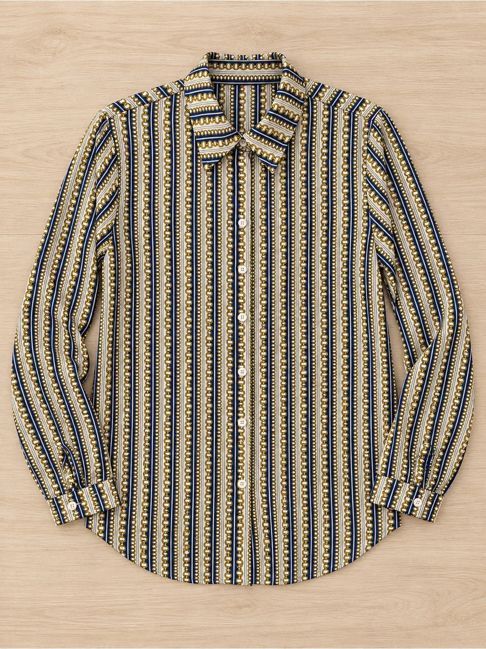 PLT long-sleeve button-down blouse chain link print navy blue gold cream NWT sz6